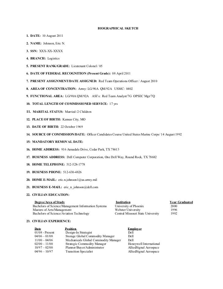 army biography memorandum example army biographical sketch template